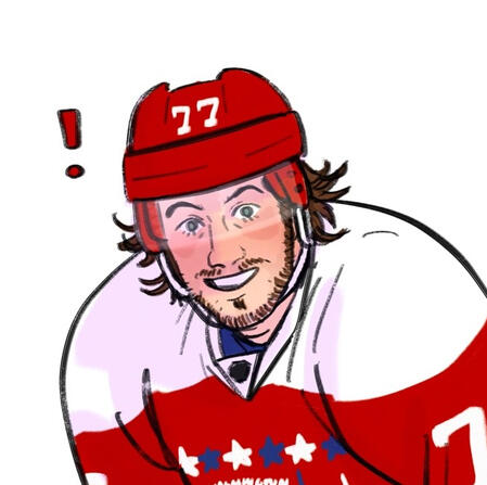 owen power, hiding his face behind his hands atop his stick as if he’s shy
